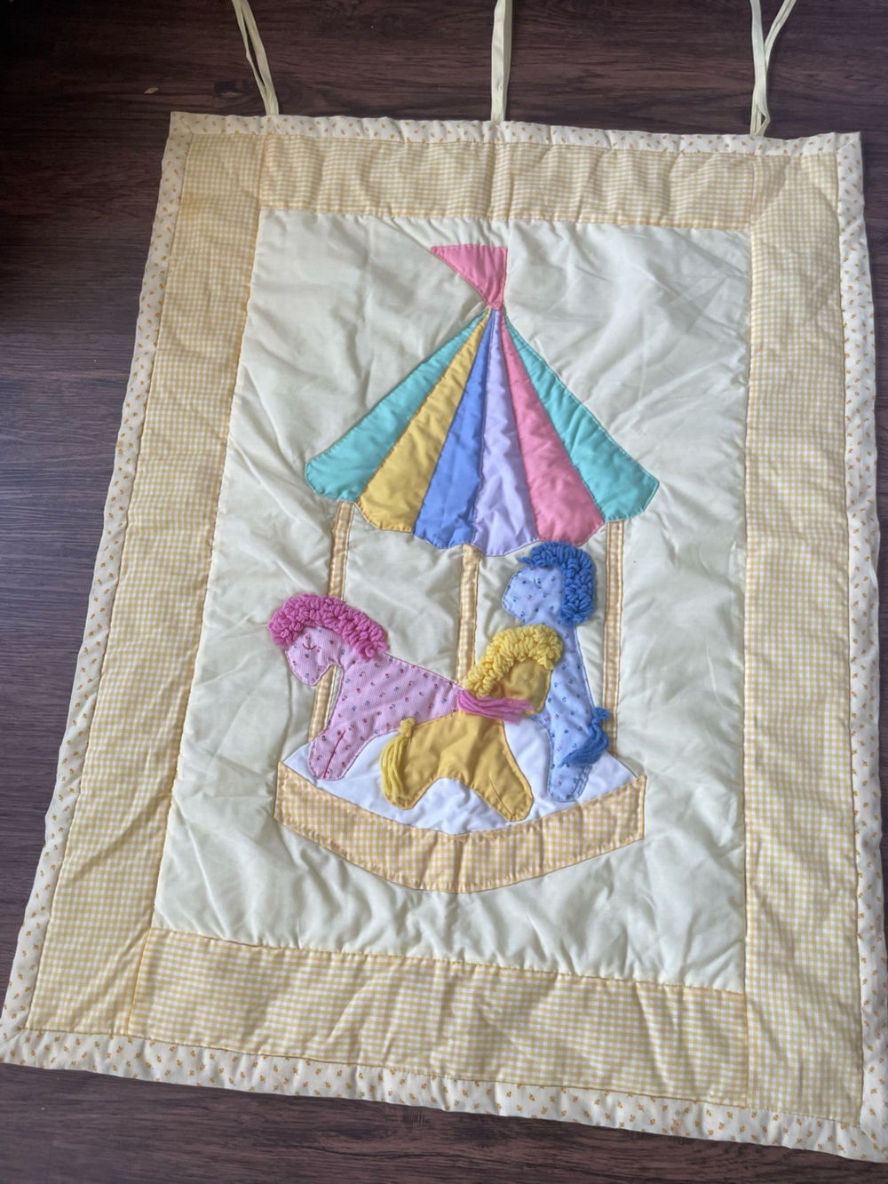 Handmade Baby Quilt with Pastel Carousel Appliqué + clouds 9 Muslin wrap